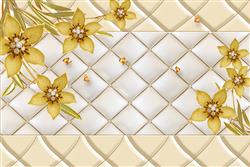تصویر 1 از گالری عکس پوستر دیواری سه بعدی گل های هلندی طلایی در پس زمینه شبکه سفید