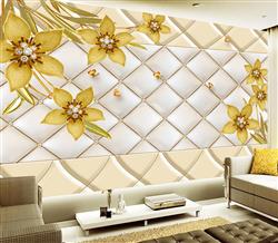 تصویر 4 از گالری عکس پوستر دیواری سه بعدی گل های هلندی طلایی در پس زمینه شبکه سفید