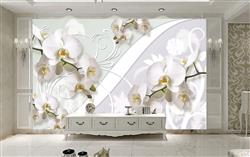 تصویر 2 از گالری عکس پوستر دیواری سه بعدی گل های هلندی سفید در پس زمینه طرح دار