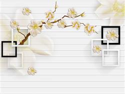تصویر 1 از گالری عکس پوستر دیواری سه بعدی مربع های سیاه سفید با گل های طلایی