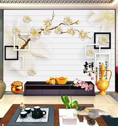 تصویر 2 از گالری عکس پوستر دیواری سه بعدی مربع های سیاه سفید با گل های طلایی