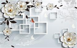 تصویر 1 از گالری عکس پوستر دیواری سه بعدی گل های سفید با تم مربعی و جواهرات براق