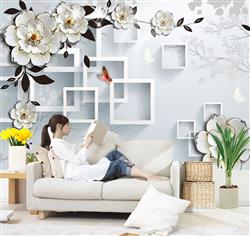 تصویر 3 از گالری عکس پوستر دیواری سه بعدی گل های سفید با تم مربعی و جواهرات براق