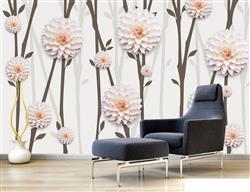تصویر 2 از گالری عکس پوستر دیواری سه بعدی گل های سفید با برگ های خاکستری و س زمینه سفید