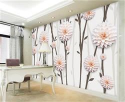 تصویر 3 از گالری عکس پوستر دیواری سه بعدی گل های سفید با برگ های خاکستری و س زمینه سفید