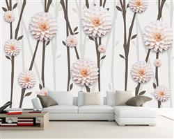 تصویر 5 از گالری عکس پوستر دیواری سه بعدی گل های سفید با برگ های خاکستری و س زمینه سفید