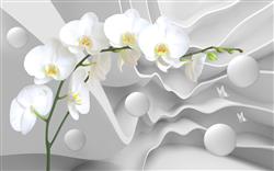 تصویر 1 از گالری عکس پوستر دیواری سه بعدی گل های سفید با پس زمینه راه راه سفید