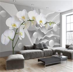تصویر 2 از گالری عکس پوستر دیواری سه بعدی گل های سفید با پس زمینه راه راه سفید
