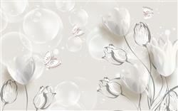 تصویر 1 از گالری عکس پوستر دیواری سه بعدی گل های سفید با تم خاکستری