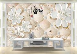 تصویر 3 از گالری عکس پوستر دیواری سه بعدی گل های سفید با پس زمینه مربعی بژ