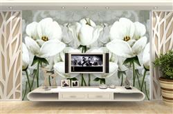 تصویر 3 از گالری عکس پوستر دیواری سه بعدی نقاشی گل های سفید با تم خاکستری و تیره