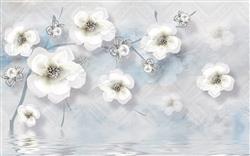 تصویر 1 از گالری عکس پوستر دیواری سه بعدی گل های سفید با تم آبی آسمانی