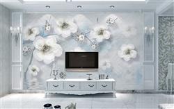 تصویر 2 از گالری عکس پوستر دیواری سه بعدی گل های سفید با تم آبی آسمانی