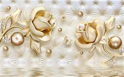تصویر 1 از گالری عکس پوستر دیواری سه بعدی گل ها و کره های طلا با پس زمینه سفید و تم آب