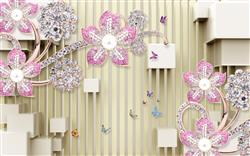 تصویر 1 از گالری عکس پوستر دیواری سه بعدی گل های صورتی سفید با تم مکعبی و راه راه