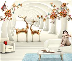 تصویر 4 از گالری عکس پوستر دیواری سه بعدی گوزن های طلایی و گل های طلایی در راهرو سفید
