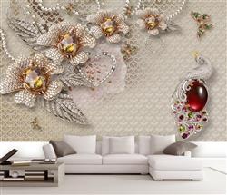 تصویر 3 از گالری عکس پوستر دیواری سه بعدی گل های صورتی وطلایی و یاقوت