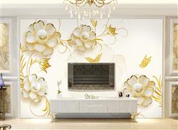 تصویر 3 از گالری عکس پوستر دیواری سه بعدی گل های هلندی طلایی و مروارید وسط آن ها
