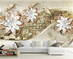 تصویر 5 از گالری عکس پوستر دیواری سه بعدی گل های هلندی سفید و بژ در پس زمینه طلایی