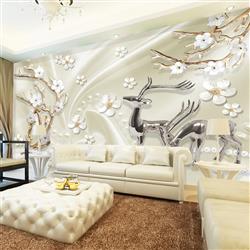 تصویر 6 از گالری عکس پوستر دیواری سه بعدی گل های ریز سفید روی درخت طلایی گوزن های فانتزی