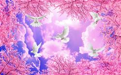 تصویر 1 از گالری عکس پوستر دیواری سه بعدی اسمان مجازی شکوفه های صورتی و پرندگان