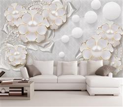 تصویر 3 از گالری عکس پوستر دیواری سه بعدی گل های کرم و مروارید وسط آن ها