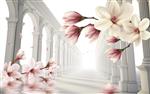 تصویر 1 از گالری عکس پوستر دیواری سه بعدی گل های هلندی سفید صورتی در راه روی ستون ها