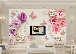 تصویر 2 از گالری عکس پوستر دیواری سه بعدی گل های صورتی و بنفش و سفید