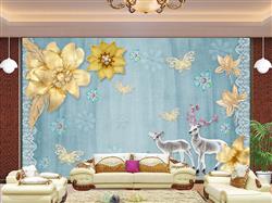 تصویر 2 از گالری عکس پوستر دیواری سه بعدی گل های هلندی طلایی و گوزن های نقره ای