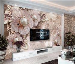 تصویر 2 از گالری عکس پوستر دیواری سه بعدی گل های بژ رنگ و مروارید وسط آن ها