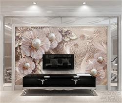 تصویر 5 از گالری عکس پوستر دیواری سه بعدی گل های بژ رنگ و مروارید وسط آن ها