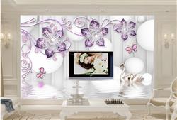 تصویر 2 از گالری عکس پوستر دیواری سه بعدی قوهای زیبا و گل های بنفش و دایره در پس زمینه