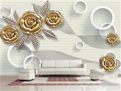 تصویر 2 از گالری عکس پوستر دیواری سه بعدی گل های هلندی طلایی و دایره های پس زمینه