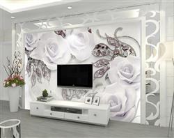 تصویر 2 از گالری عکس پوستر دیواری سه بعدی گل های سفید و شاخه های جواهری