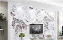 تصویر 3 از گالری عکس پوستر دیواری سه بعدی گل های سفید و شاخه های جواهری