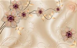 تصویر 1 از گالری عکس پوستر دیواری سه بعدی گل های بژ و پس زمینه و جواهرات بنفش