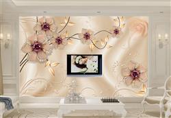 تصویر 2 از گالری عکس پوستر دیواری سه بعدی گل های بژ و پس زمینه و جواهرات بنفش