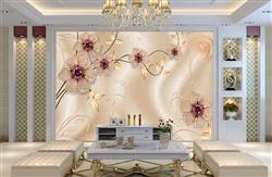 تصویر 5 از گالری عکس پوستر دیواری سه بعدی گل های بژ و پس زمینه و جواهرات بنفش