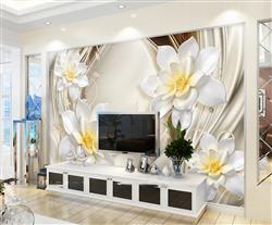 تصویر 2 از گالری عکس پوستر دیواری سه بعدی گل های سفید و زرد در پس زمینه بژ