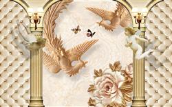 تصویر 1 از گالری عکس پوستر دیواری سه بعدی پرندگان و گل بژ در بین ستون های طلایی