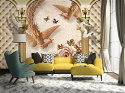 تصویر 2 از گالری عکس پوستر دیواری سه بعدی پرندگان و گل بژ در بین ستون های طلایی