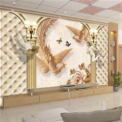 تصویر 3 از گالری عکس پوستر دیواری سه بعدی پرندگان و گل بژ در بین ستون های طلایی
