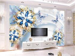تصویر 2 از گالری عکس پوستر دیواری سه بعدی گل های طلایی و آبی و جواهرات