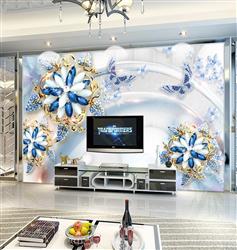 تصویر 3 از گالری عکس پوستر دیواری سه بعدی گل های طلایی و آبی و جواهرات