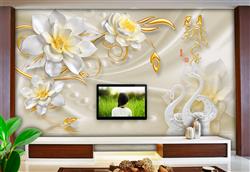تصویر 2 از گالری عکس پوستر دیواری سه بعدی قوهای زیبا با گل های سفید و زرد و طلایی