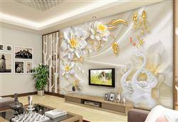 تصویر 3 از گالری عکس پوستر دیواری سه بعدی قوهای زیبا با گل های سفید و زرد و طلایی