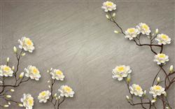 تصویر 1 از گالری عکس پوستر دیواری سه بعدی گل های سفید و زرد در پس زمینه طوسی