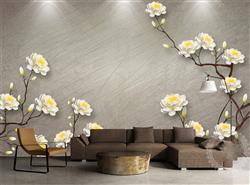 تصویر 2 از گالری عکس پوستر دیواری سه بعدی گل های سفید و زرد در پس زمینه طوسی