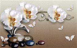 تصویر 1 از گالری عکس پوستر دیواری سه بعدی گل های سفید طلایی و پروانه های سفید