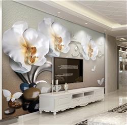 تصویر 2 از گالری عکس پوستر دیواری سه بعدی گل های سفید طلایی و پروانه های سفید